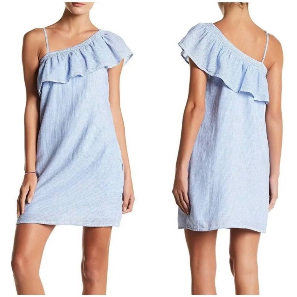 Beach Lunch Lounge Jessmina Stripe Ruffle Asymmetrical Linen-Blend Dress